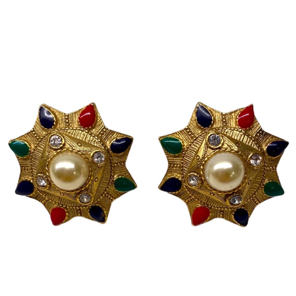 Vintage Gold Clip on earrings with enamel, rhinestones and faux pearls